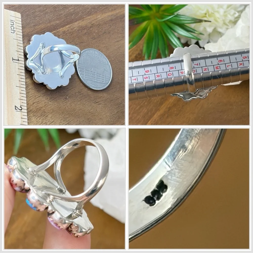 Pure Sterling Silver 925 Pink Dahlia Turquoise Cluster Ring 7 1/4 Navajo Style - Picture 10 of 11